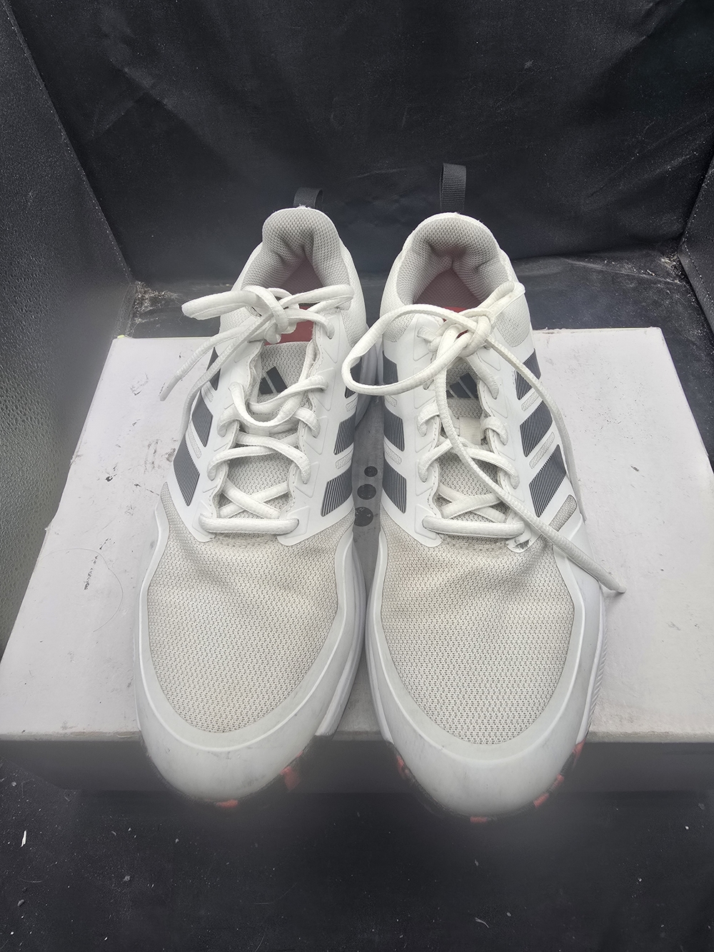 adidas White Sneakers with Black Stripes and Red Insole